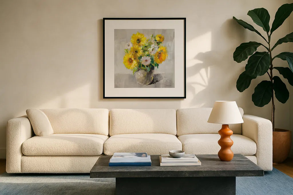 Sunflower Still Life I on Gray by Danhui Nai. Displayed in a glass frame with matte in a clean modern living room. Available as an archival giclee rolled canvas, fine art paper, or poster print. SKU 69007a.