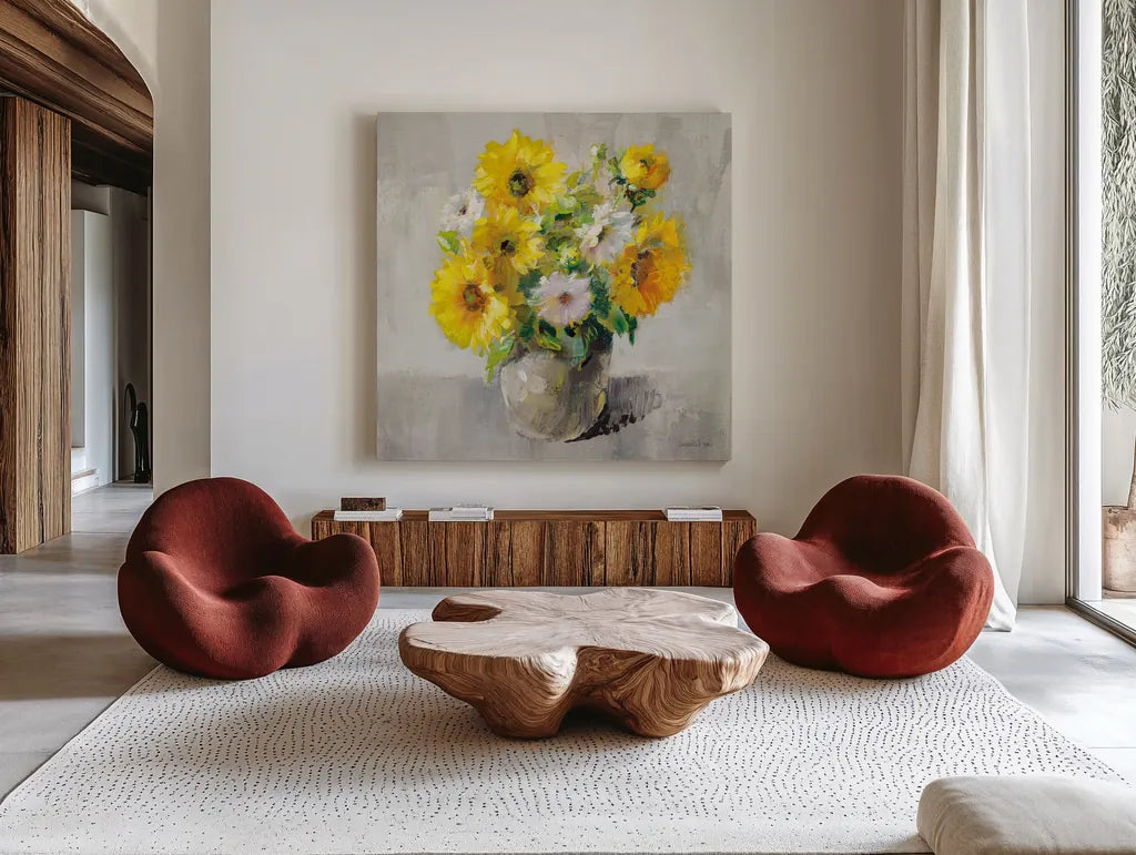 Sunflower Still Life I on Gray by Danhui Nai. Shown as extra-large giant wall art in a modern living room. Available as an archival giclee rolled canvas, fine art paper, or poster print. SKU 69007a.
