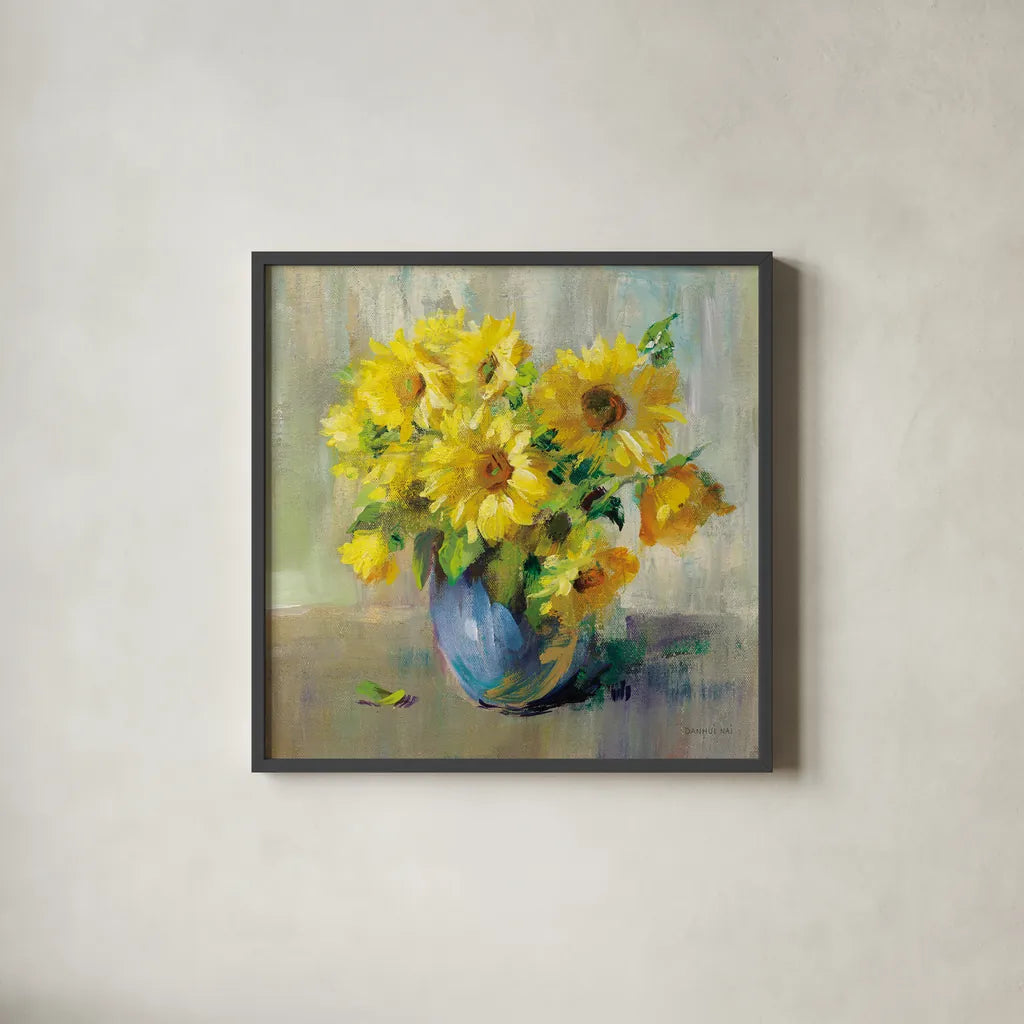 Sunflower Still Life II by Danhui Nai. Shown in a sleek black glass frame for a contemporary gallery look. Available as an archival giclee rolled canvas, fine art paper, or poster print. SKU 68647a.
