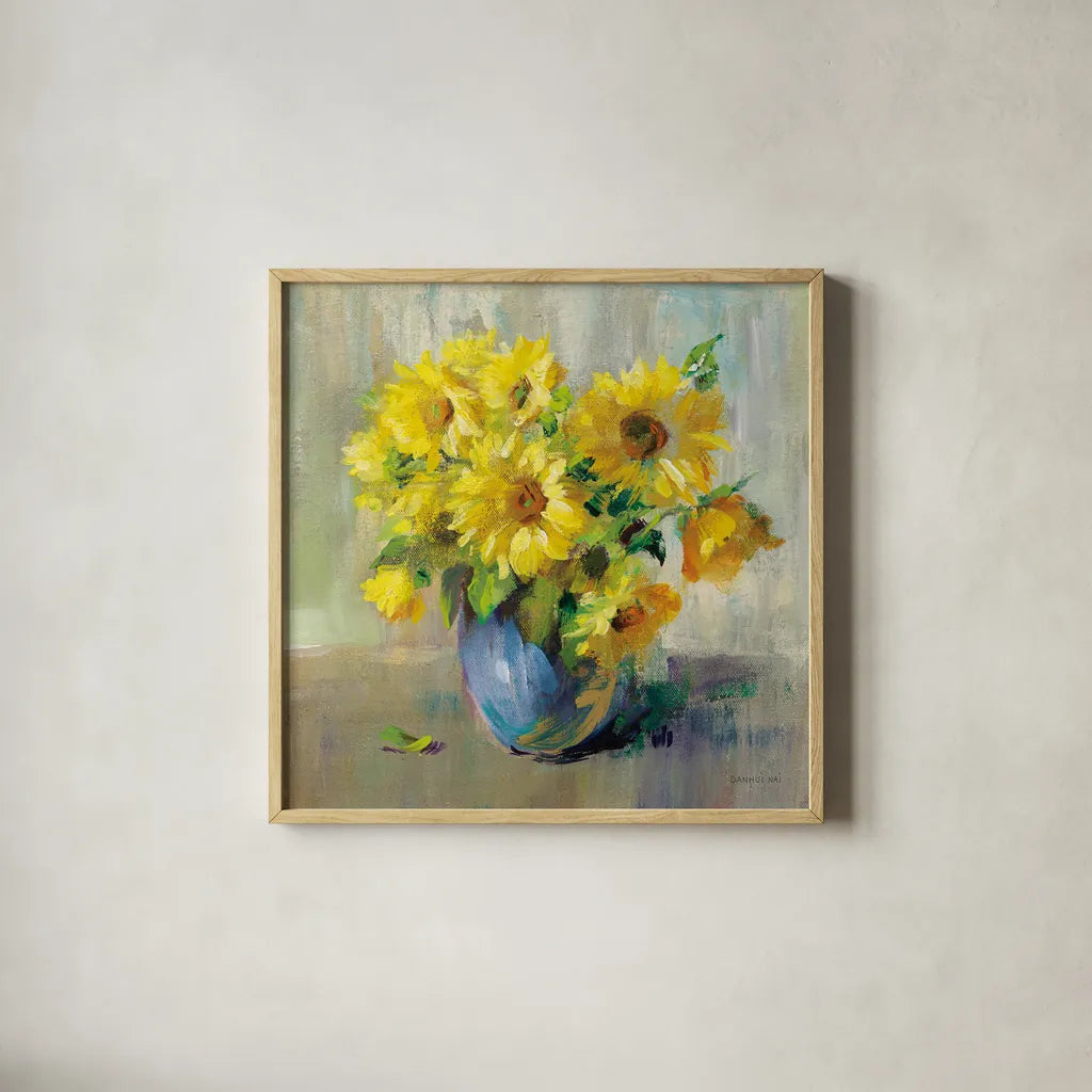 Sunflower Still Life II by Danhui Nai. Shown in a natural wood glass frame for a timeless modern aesthetic. Available as an archival giclee rolled canvas, fine art paper, or poster print. SKU 68647a.