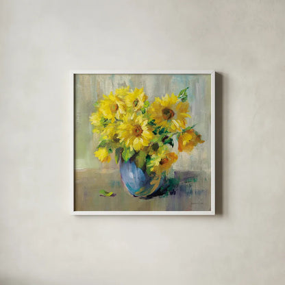 Sunflower Still Life II by Danhui Nai. Shown in a crisp white glass frame for a clean and minimalist style. Available as an archival giclee rolled canvas, fine art paper, or poster print. SKU 68647a.