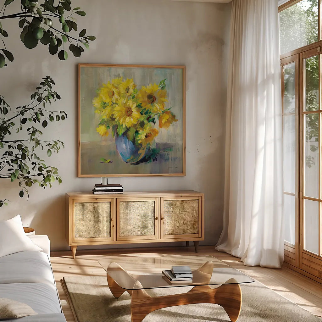 Sunflower Still Life II by Danhui Nai. Shown in a natural wood frame in a cozy modern living room. Available as an archival giclee rolled canvas, fine art paper, or poster print. SKU 68647a.