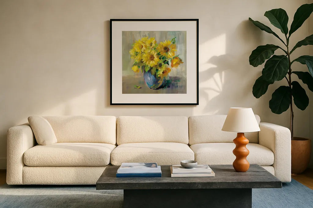 Sunflower Still Life II by Danhui Nai. Displayed in a glass frame with matte in a clean modern living room. Available as an archival giclee rolled canvas, fine art paper, or poster print. SKU 68647a.