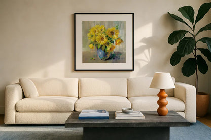 Sunflower Still Life II by Danhui Nai. Displayed in a glass frame with matte in a clean modern living room. Available as an archival giclee rolled canvas, fine art paper, or poster print. SKU 68647a.
