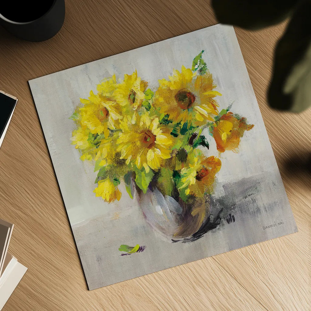 Sunflower Still Life II on Gray by Danhui Nai. Shown as a detailed flat fine art print, highlighting archival giclee quality. Available as an archival giclee rolled canvas, fine art paper, or poster print. SKU 69008a.