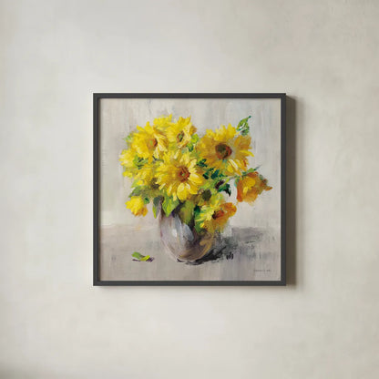 Sunflower Still Life II on Gray by Danhui Nai. Shown in a sleek black glass frame for a contemporary gallery look. Available as an archival giclee rolled canvas, fine art paper, or poster print. SKU 69008a.
