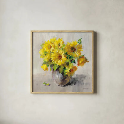 Sunflower Still Life II on Gray by Danhui Nai. Shown in a natural wood glass frame for a timeless modern aesthetic. Available as an archival giclee rolled canvas, fine art paper, or poster print. SKU 69008a.