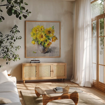 Sunflower Still Life II on Gray by Danhui Nai. Shown in a natural wood frame in a cozy modern living room. Available as an archival giclee rolled canvas, fine art paper, or poster print. SKU 69008a.