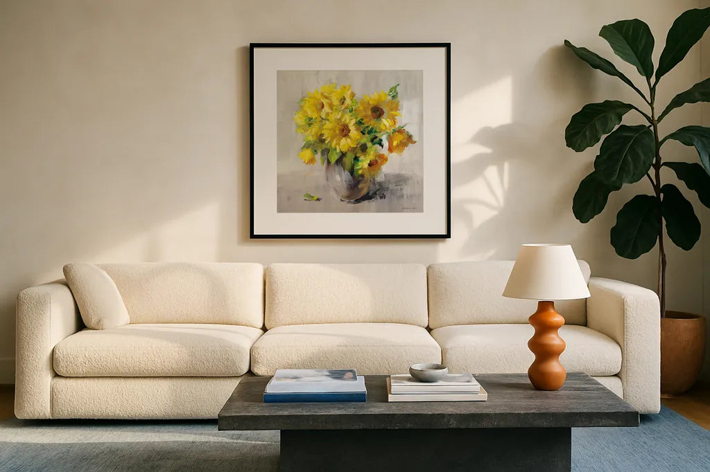 Sunflower Still Life II on Gray by Danhui Nai. Displayed in a glass frame with matte in a clean modern living room. Available as an archival giclee rolled canvas, fine art paper, or poster print. SKU 69008a.