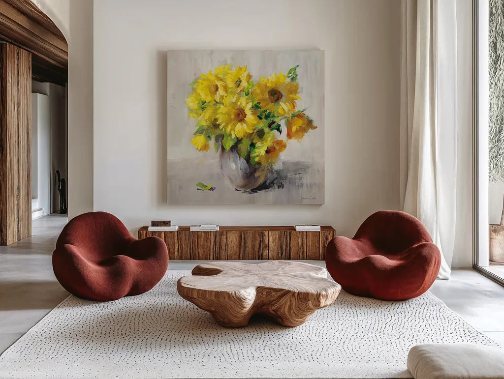 Sunflower Still Life II on Gray by Danhui Nai. Shown as extra-large giant wall art in a modern living room. Available as an archival giclee rolled canvas, fine art paper, or poster print. SKU 69008a.