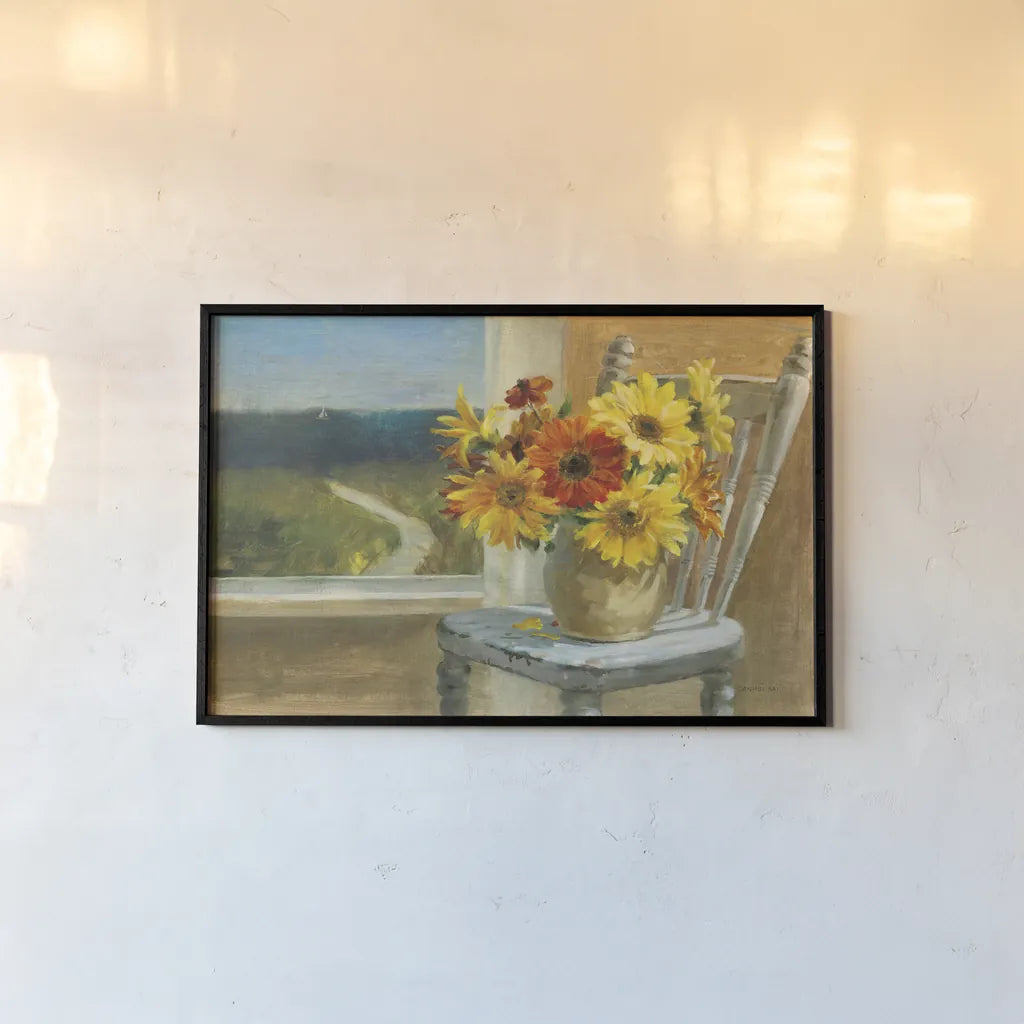 Sunflowers by the Sea by Danhui Nai. shown as a paper print in a black flame. Available as a archival giclee rolled canvas, fine art paper, or poster print. SKU 12309i.