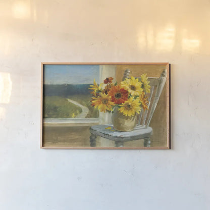 Sunflowers by the Sea by Danhui Nai. shown as a paper print in a natural frame. Available as a archival giclee rolled canvas, fine art paper, or poster print. SKU 12309i.