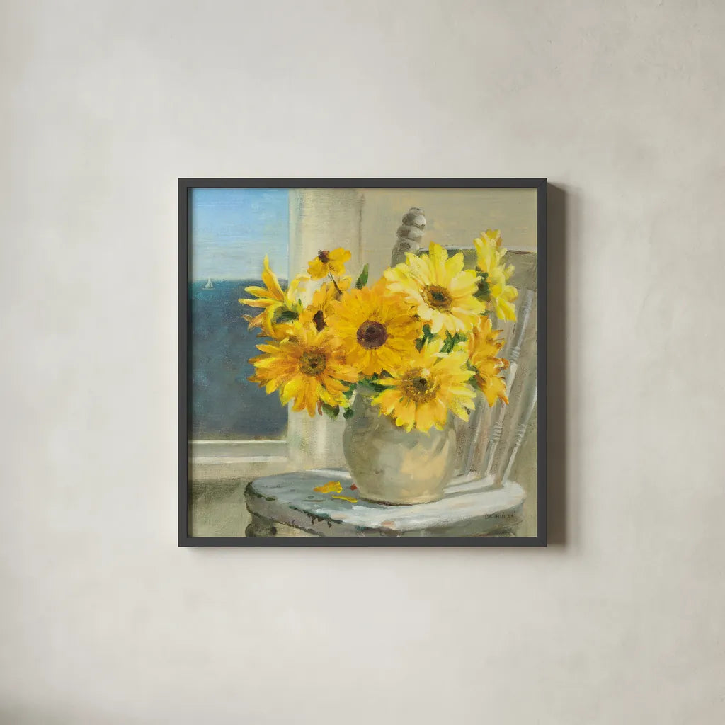 Sunflowers by the Sea Crop Light by Danhui Nai. Shown in a sleek black glass frame for a contemporary gallery look. Available as an archival giclee rolled canvas, fine art paper, or poster print. SKU 71681a.