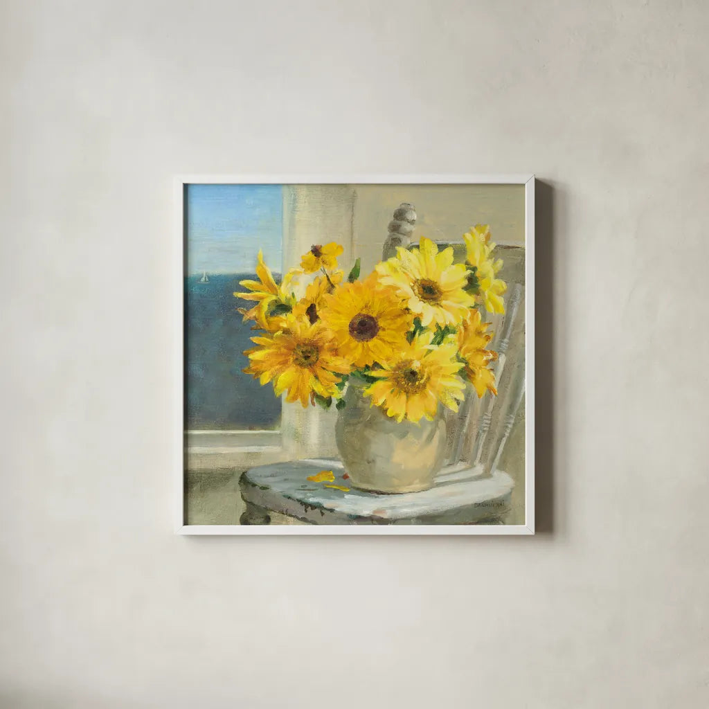 Sunflowers by the Sea Crop Light by Danhui Nai. Shown in a crisp white glass frame for a clean and minimalist style. Available as an archival giclee rolled canvas, fine art paper, or poster print. SKU 71681a.