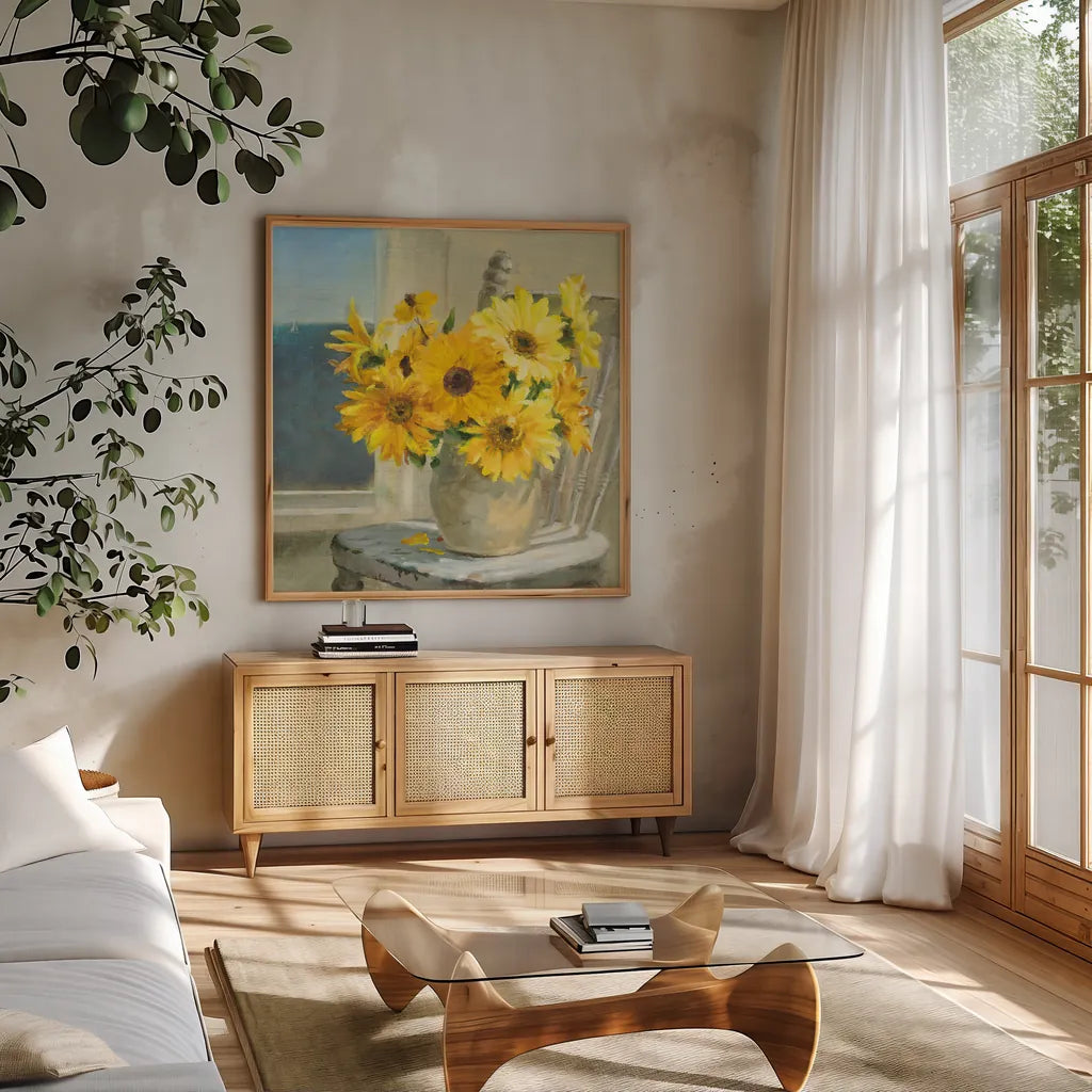 Sunflowers by the Sea Crop Light by Danhui Nai. Shown in a natural wood frame in a cozy modern living room. Available as an archival giclee rolled canvas, fine art paper, or poster print. SKU 71681a.