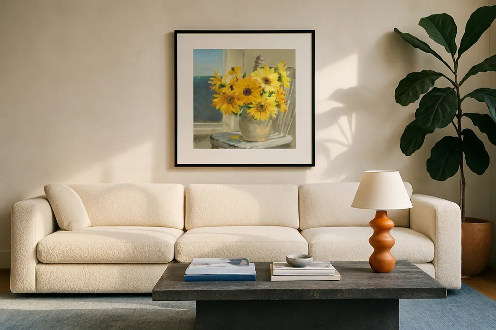 Sunflowers by the Sea Crop Light by Danhui Nai. Displayed in a glass frame with matte in a clean modern living room. Available as an archival giclee rolled canvas, fine art paper, or poster print. SKU 71681a.