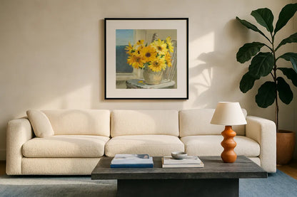 Sunflowers by the Sea Crop Light by Danhui Nai. Displayed in a glass frame with matte in a clean modern living room. Available as an archival giclee rolled canvas, fine art paper, or poster print. SKU 71681a.