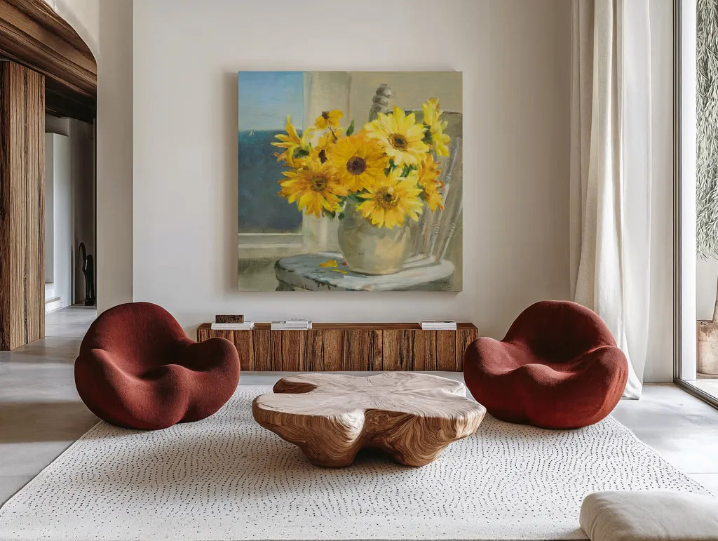 Sunflowers by the Sea Crop Light by Danhui Nai. Shown as extra-large giant wall art in a modern living room. Available as an archival giclee rolled canvas, fine art paper, or poster print. SKU 71681a.