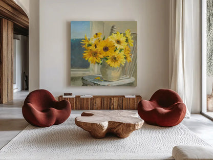 Sunflowers by the Sea Crop Light by Danhui Nai. Shown as extra-large giant wall art in a modern living room. Available as an archival giclee rolled canvas, fine art paper, or poster print. SKU 71681a.