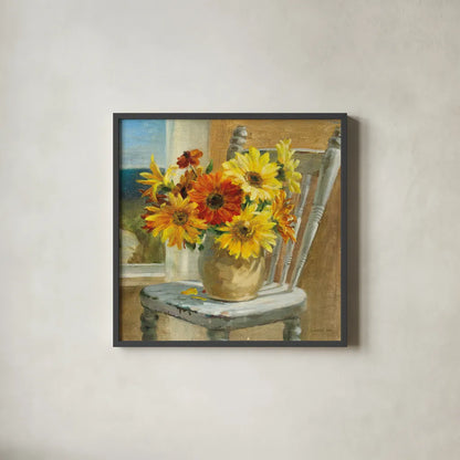 Sunflowers by the Sea Square by Danhui Nai. Shown in a sleek black glass frame for a contemporary gallery look. Available as an archival giclee rolled canvas, fine art paper, or poster print. SKU 91111a.