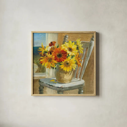 Sunflowers by the Sea Square by Danhui Nai. Shown in a natural wood glass frame for a timeless modern aesthetic. Available as an archival giclee rolled canvas, fine art paper, or poster print. SKU 91111a.