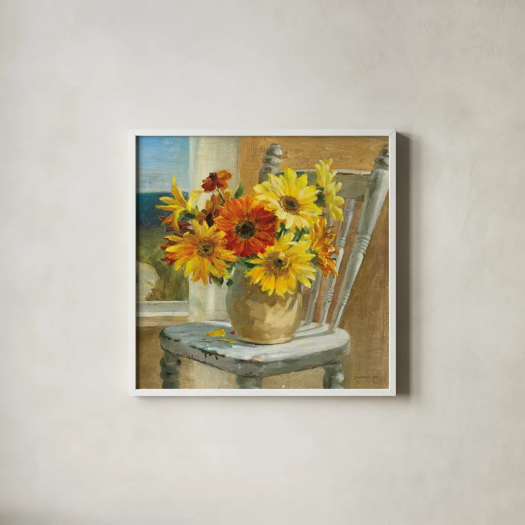 Sunflowers by the Sea Square by Danhui Nai. Shown in a crisp white glass frame for a clean and minimalist style. Available as an archival giclee rolled canvas, fine art paper, or poster print. SKU 91111a.