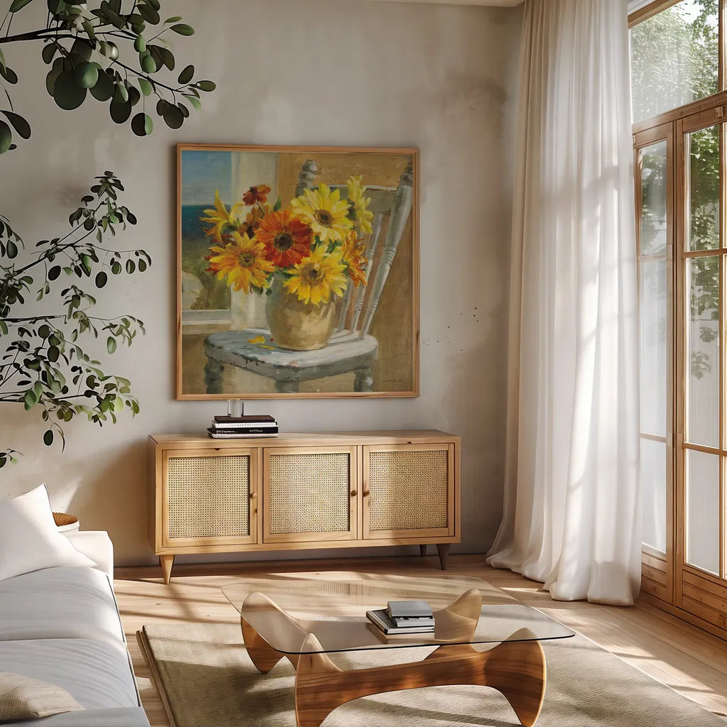 Sunflowers by the Sea Square by Danhui Nai. Shown in a natural wood frame in a cozy modern living room. Available as an archival giclee rolled canvas, fine art paper, or poster print. SKU 91111a.