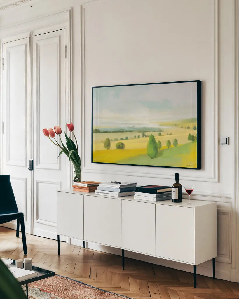 Sunlit Meadow by Danhui Nai. shown as a framed stretched canvas in a living room above a console. Available as a archival giclee rolled canvas, fine art paper, or poster print. SKU 100601i.