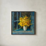 Sunny Windowsill by Danhui Nai. Shown in a sleek black glass frame for a contemporary gallery look. Available as an archival giclee rolled canvas, fine art paper, or poster print. SKU 68643a.