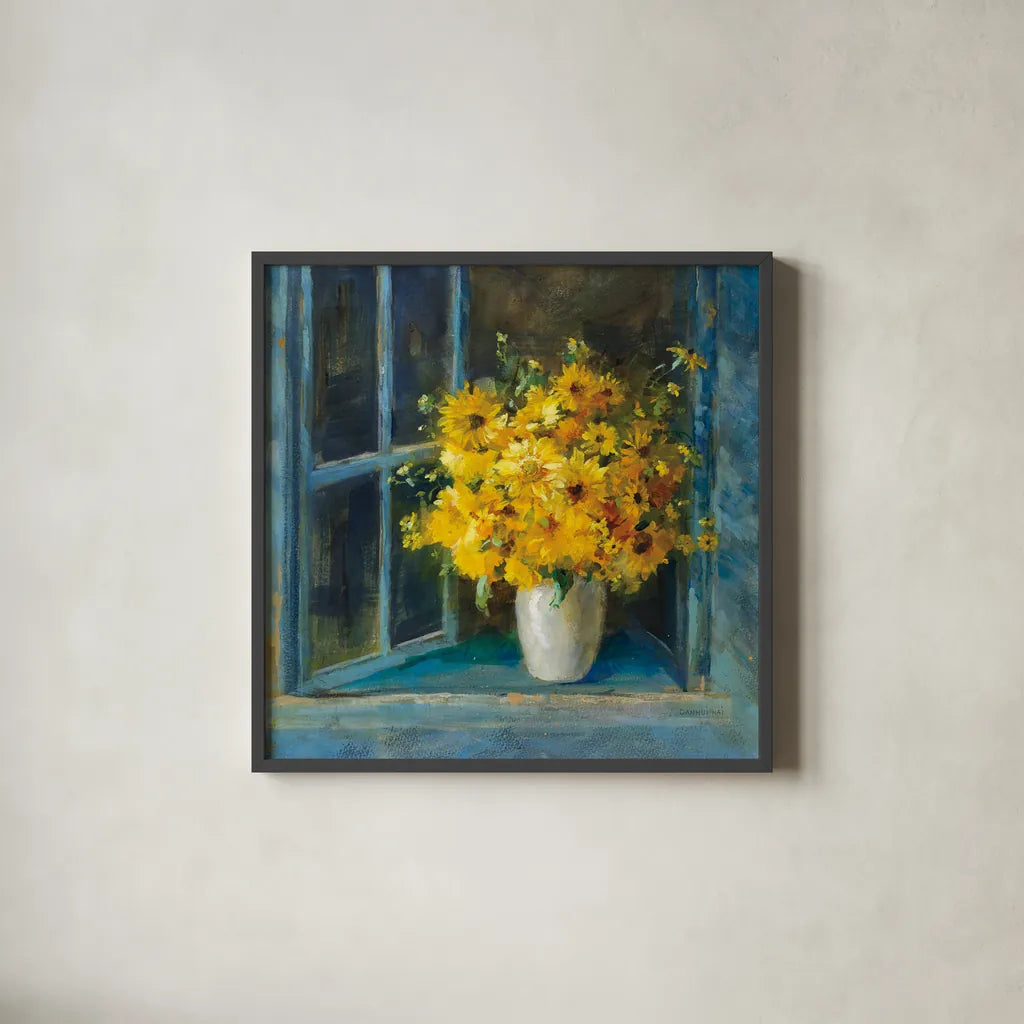 Sunny Windowsill by Danhui Nai. Shown in a sleek black glass frame for a contemporary gallery look. Available as an archival giclee rolled canvas, fine art paper, or poster print. SKU 68643a.