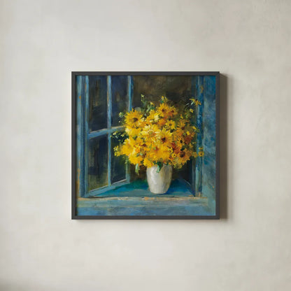 Sunny Windowsill by Danhui Nai. Shown in a sleek black glass frame for a contemporary gallery look. Available as an archival giclee rolled canvas, fine art paper, or poster print. SKU 68643a.
