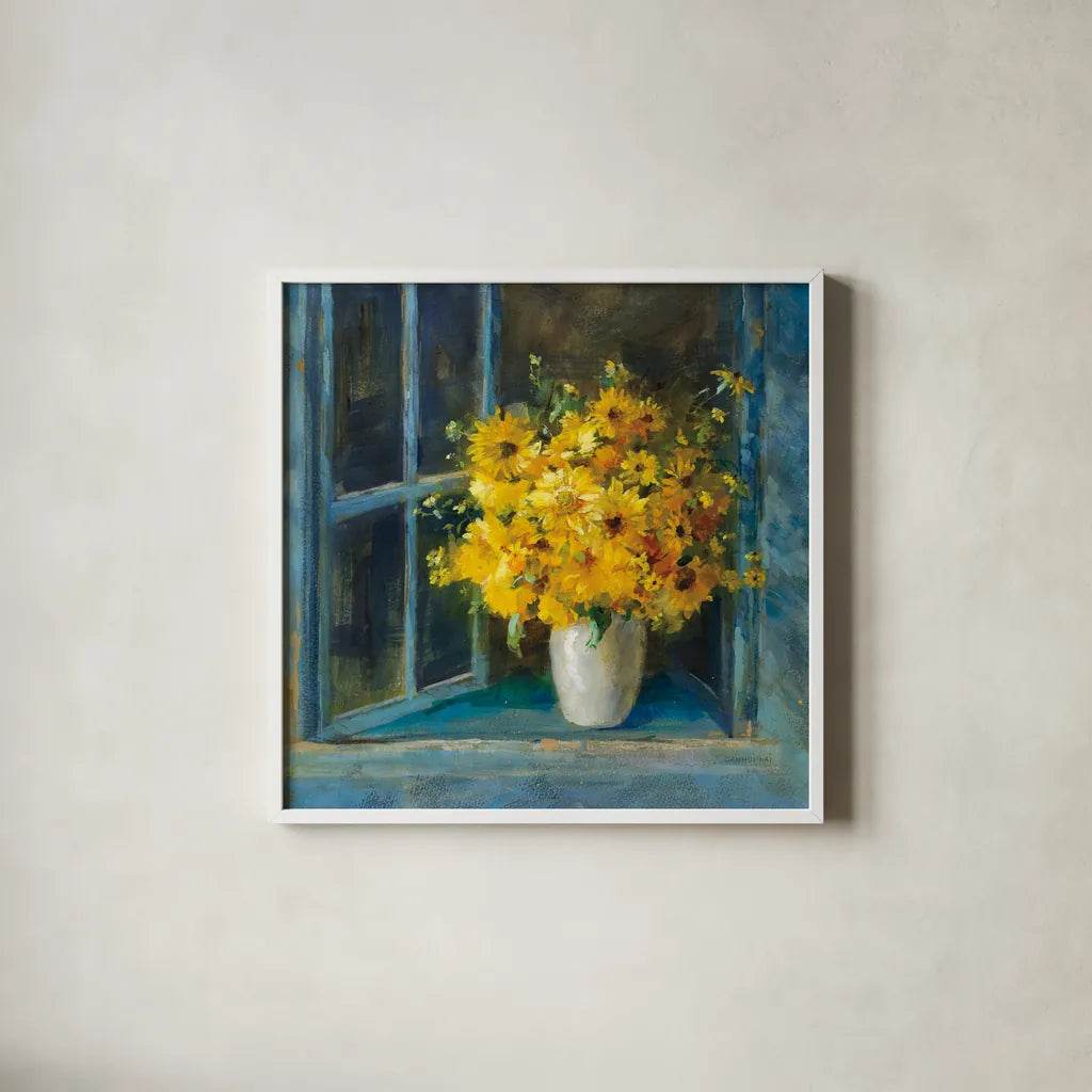 Sunny Windowsill by Danhui Nai. Shown in a crisp white glass frame for a clean and minimalist style. Available as an archival giclee rolled canvas, fine art paper, or poster print. SKU 68643a.