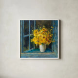 Sunny Windowsill by Danhui Nai. Shown in a crisp white glass frame for a clean and minimalist style. Available as an archival giclee rolled canvas, fine art paper, or poster print. SKU 68643a.