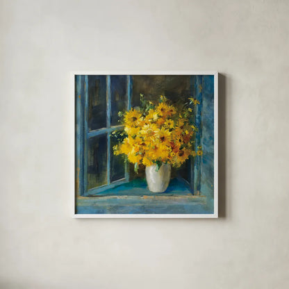 Sunny Windowsill by Danhui Nai. Shown in a crisp white glass frame for a clean and minimalist style. Available as an archival giclee rolled canvas, fine art paper, or poster print. SKU 68643a.