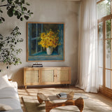 Sunny Windowsill by Danhui Nai. Shown in a natural wood frame in a cozy modern living room. Available as an archival giclee rolled canvas, fine art paper, or poster print. SKU 68643a.