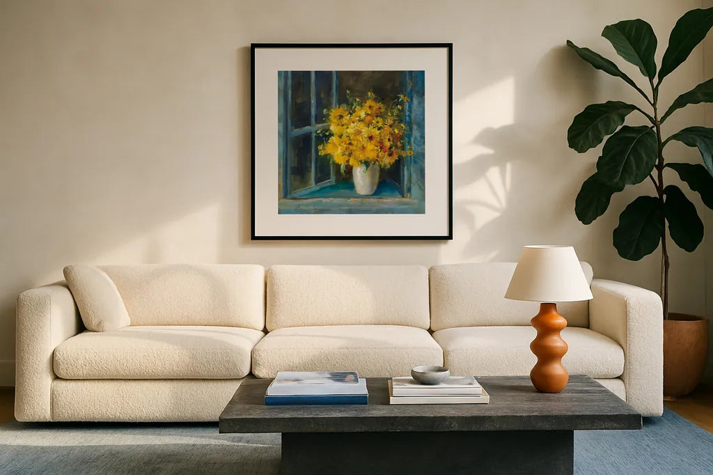 Sunny Windowsill by Danhui Nai. Displayed in a glass frame with matte in a clean modern living room. Available as an archival giclee rolled canvas, fine art paper, or poster print. SKU 68643a.