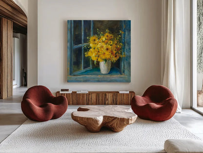 Sunny Windowsill by Danhui Nai. Shown as extra-large giant wall art in a modern living room. Available as an archival giclee rolled canvas, fine art paper, or poster print. SKU 68643a.