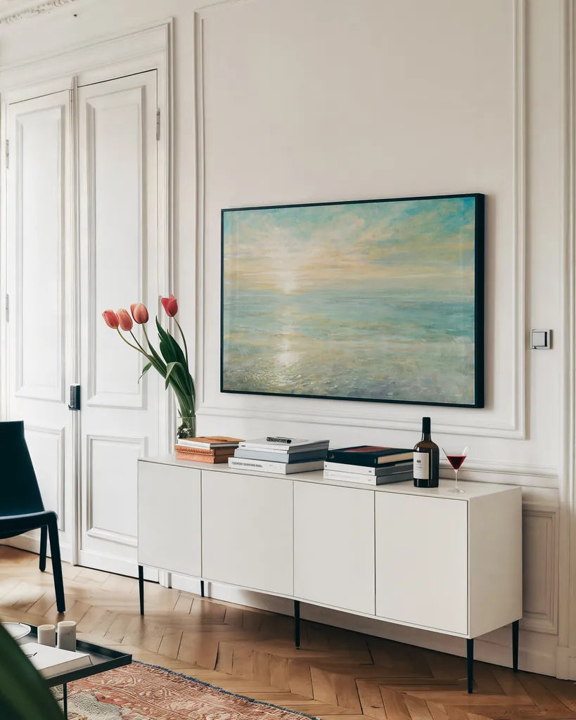 Sunrise by Danhui Nai. shown as a framed stretched canvas in a living room above a console. Available as a archival giclee rolled canvas, fine art paper, or poster print. SKU 18930i.