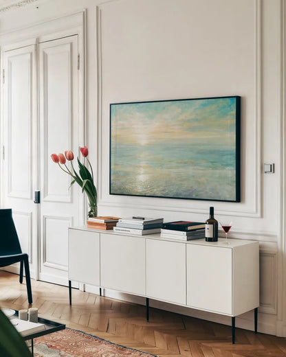 Sunrise by Danhui Nai. shown as a framed stretched canvas in a living room above a console. Available as a archival giclee rolled canvas, fine art paper, or poster print. SKU 18930i.