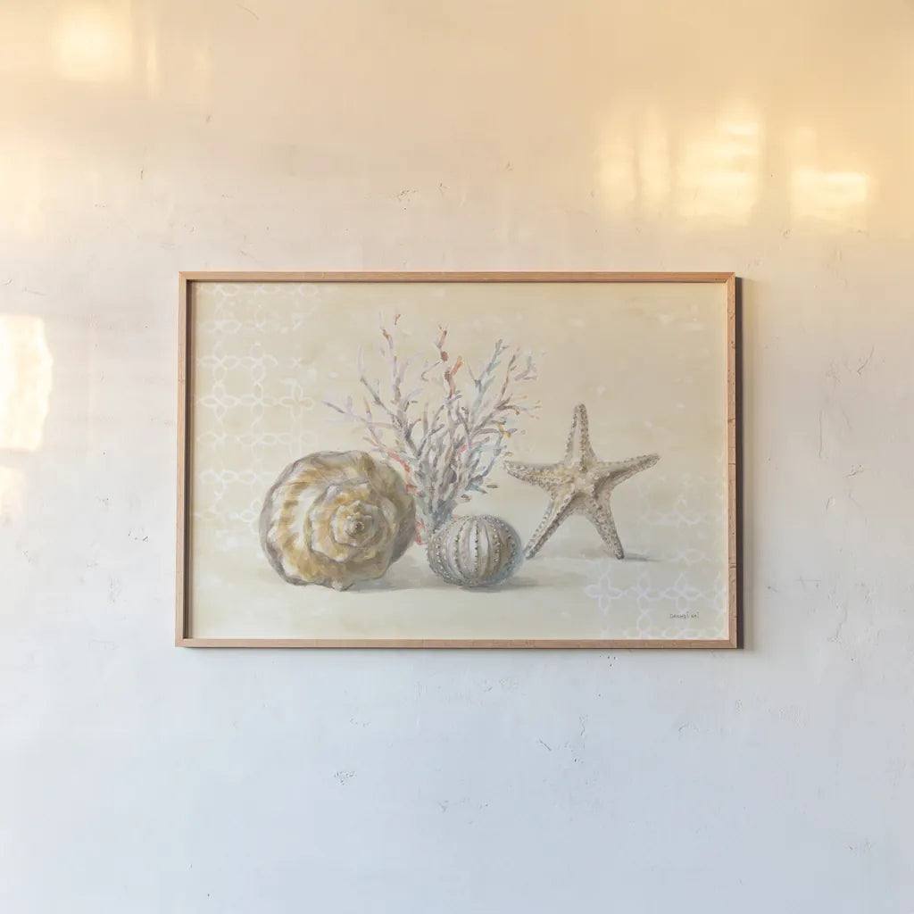 Sunrise Beach I by Danhui Nai. shown as a paper print in a natural frame. Available as a archival giclee rolled canvas, fine art paper, or poster print. SKU 84445i.