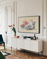 Sunrise Beach II by Danhui Nai. shown as a framed stretched canvas in a living room above a console. Available as a archival giclee rolled canvas, fine art paper, or poster print. SKU 84446i.