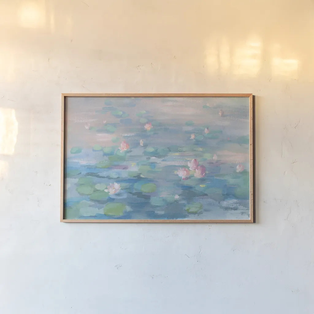 Sunrise Waterlilies Crop by Danhui Nai. shown as a paper print in a natural frame. Available as a archival giclee rolled canvas, fine art paper, or poster print. SKU 70126i.