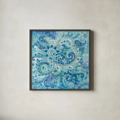 Surat Paisley by Danhui Nai. Shown in a sleek black glass frame for a contemporary gallery look. Available as an archival giclee rolled canvas, fine art paper, or poster print. SKU 51899a.