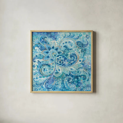 Surat Paisley by Danhui Nai. Shown in a natural wood glass frame for a timeless modern aesthetic. Available as an archival giclee rolled canvas, fine art paper, or poster print. SKU 51899a.