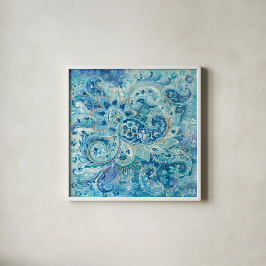 Surat Paisley by Danhui Nai. Shown in a crisp white glass frame for a clean and minimalist style. Available as an archival giclee rolled canvas, fine art paper, or poster print. SKU 51899a.