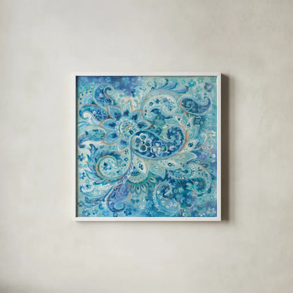 Surat Paisley by Danhui Nai. Shown in a crisp white glass frame for a clean and minimalist style. Available as an archival giclee rolled canvas, fine art paper, or poster print. SKU 51899a.