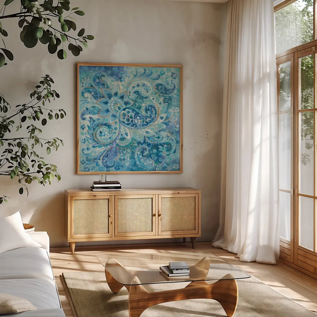 Surat Paisley by Danhui Nai. Shown in a natural wood frame in a cozy modern living room. Available as an archival giclee rolled canvas, fine art paper, or poster print. SKU 51899a.