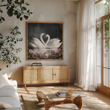 Swan Lake by Danhui Nai. Shown in a natural wood frame in a cozy modern living room. Available as an archival giclee rolled canvas, fine art paper, or poster print. SKU 92214a.