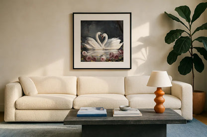 Swan Lake by Danhui Nai. Displayed in a glass frame with matte in a clean modern living room. Available as an archival giclee rolled canvas, fine art paper, or poster print. SKU 92214a.