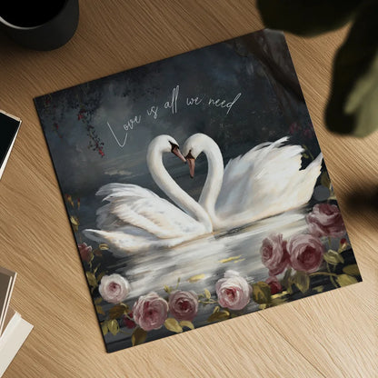 Swan Lake Love is All we Need by Danhui Nai. Shown as a detailed flat fine art print, highlighting archival giclee quality. Available as an archival giclee rolled canvas, fine art paper, or poster print. SKU 97399a.